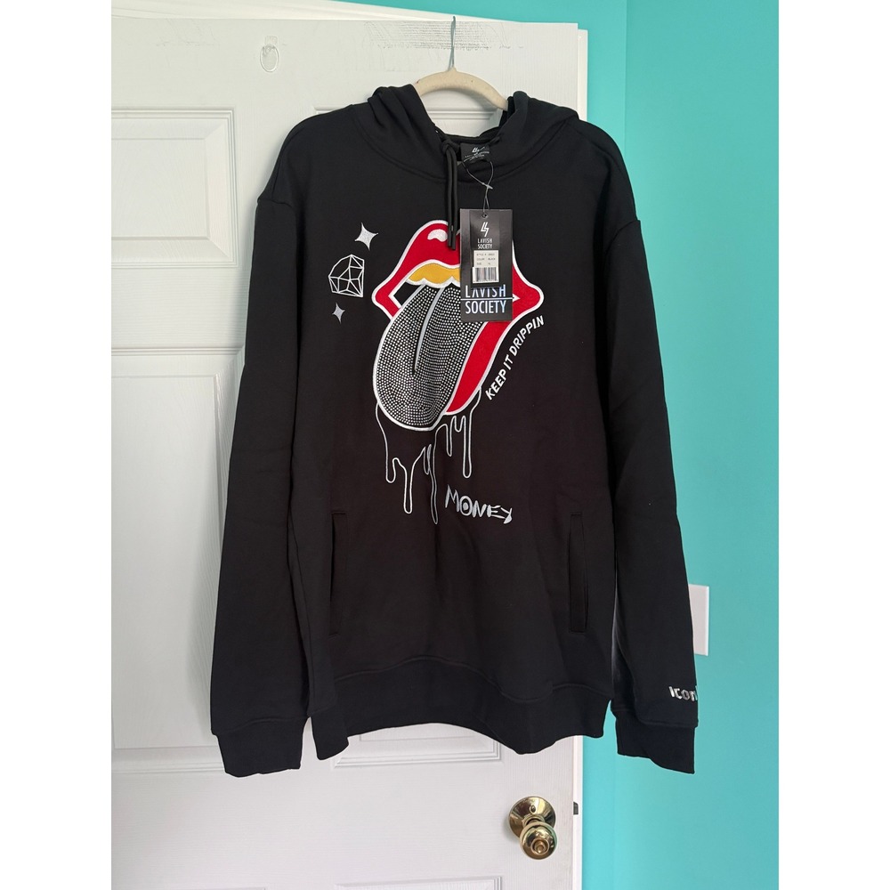 Lavish Society Mens XL Black Keep It Drippin Money Rhinestone Graphic Hoodie NWT